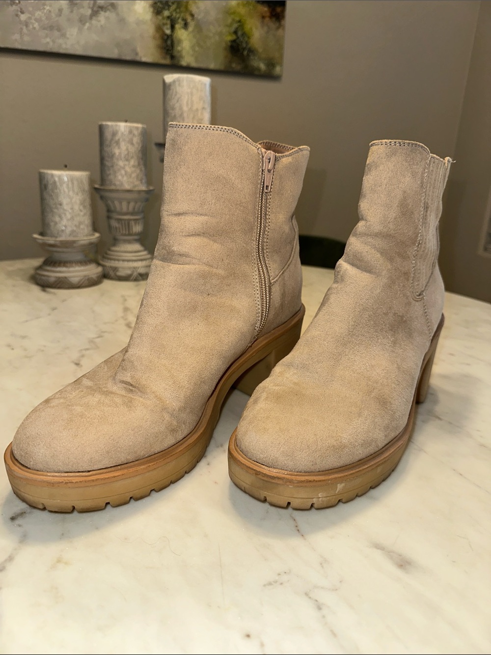 Suede chunky heel Boots - Light Taupe Women's Booties size 10
